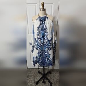 Premier Amour Blue & White Dress Cold Sholder Open Sleeve , Size 14, NWT
